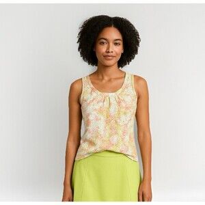 Anne Klein Pleated Scoop Neck Sleeveless Blouse Top Size S Pink Green Minimalist